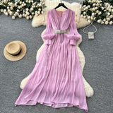 High-End Temperament Fashion V-Neck Lantern Sleeve Strap To Close Waistguel Dress Female Elegant Long