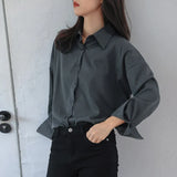 Retro Gray 2020 Spring Summer New Long Sleeve Notch Collar All-match Blouse Coat Women Loose Casual Fashion Solid Shirts