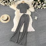 Summer Women Fashion Retro Plaid Set Short Sleeve Slim Short Tops+High Waist Long Flared Pants Two Piece
