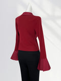 Toloer Port Wind Tip Collar Long Sleeve Shirt Women's Horn Sleeves Early Spring French Atmosphere Top Horseshoe Sleeve Black