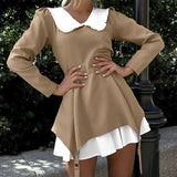 Toloer Autumn Women's High-End French Long-Sleeved Doll Collar Skirt Design Sense Niche Fake Two Dresses-Outfit