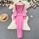 Women Korean Knitted Dress Long Sleeve Slash Neck Elastic Slim Pencil Dresses 2022 Autumn Sexy Bodycon Split Sweater