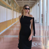 Toloer Summer New Sexy Royal Sister Queen Aura Inclined Shoulder Ribbon Slim Temperament Elegant Dress Female-Outfit
