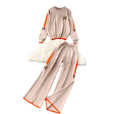Letter Embroidered Knitted Shirt Long Sleeve Sweater High Waist Broad Leg Trousers Casual Sports Two-Piece Suit