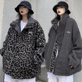 Deeptown Leopard Print Women Fleece Jackets Motorcycle Jacket Faux Lamb Fur Kawaii Coat Harajuku Hip Hop Zip Up Thick