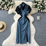Fashion Niche Fashion Heavyweight Diamond Lace Splicing Polo Collar Short Sleeves Denim Waist Dress Women's Summer