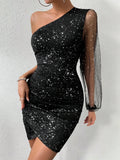 Women's Oblique Shoulder-Collared Squint Mesh Yarn Long-Sleeved Dress