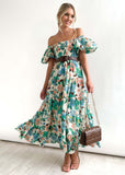 Summer New Bubble Sleeve Holiday Show Skinny Dress Babes High-Waisted Shoulder-Print Dress Dress