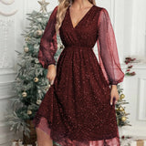 Toloer New V-Collar Elegant Slim Solid Color Stitching Mesh Perspective Sprinkling Powder Dress Female-Outfit