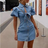 out knot tie blue denim dress Elegant puff short sleeve bodycon jeans dress Sexy street wear women summer