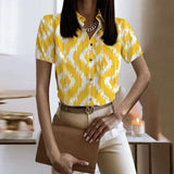 Lady Short Sleeve Print Shirt Top Casual Turn-down Collar Button Shirts For Women 2023 Spring Summer Slim Button Blouse-Outfit
