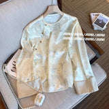 Chinese-Style Jacquard Round-Neck Satin Shirt With Oblique Lapel Button Satin Blouse 2024 Spring Retro High-Quality National Style Shirt-Outfit