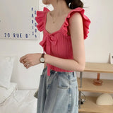 Care Machine Sling Women's Summer New Vest Solid Color Bow Tie With Short Lotus Leaf Tops