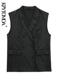 Women Fashion Double Breasted Faux Leather Waistcoat Vintage Sleeveless Flap Pockets Female Outerwear Chic Vest