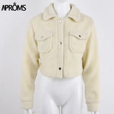 Elegant Solid Color Cropped Teddy Jacket Women Front Pockets Thick Warm Coat Autumn Winter Soft Short Jackets Female
