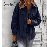 Simplee Office Lady Lapel Sheepskin Coat Jackets Winter Long Sleeve Outwear Coats Women Casual Fashion Ladies Winter