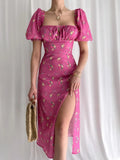 Women's Clothing 2026 Summer Bubble Sleeves Slim Sexy Thin Side Open-Print Dress