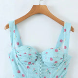 Blue Floral Mini Ruched Slit Bustier Dress-Outfit