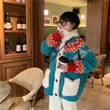 Women Christmas Jackets Knitting Lamb Wool Turn-down Collar Thickened Warm Sweater Cardigan Warm Loose