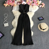 New Summer Fashion turn down collar sleeveless off shoulder Jumpsuit high waist lace up casual wide leg pleated
