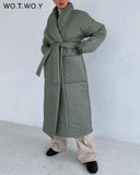 Thickening Winter Down Jacket Women Belted Cotton Padded Parkas Female Wide-waisted Long Bubble Coat Windbreakers