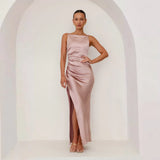 Spring And Summer Women's New Solid Color Sexy Bare Back Open Fork Long Skirt Sleeveless Sleeve-Less Dress Dress Dress