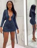 Winter Sexy Black Clip U Neck Long Sleeve Mini