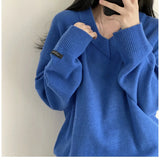 Dark Academia Solid Color V-Neck Pullover Sweater-Outfit