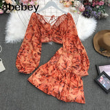 New Summer Fashion All-match V-neck Lantern Sleeve short Shirt + high waist slim floral Skirt 2-piece