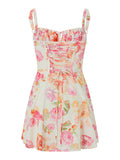 Women Elegant Flower Print Low Cut Tie-Up Sleeveless Cami Bodycon Corset Short Dress Summer Backless Party Clubwear-Outfit