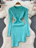 Irregular Solid Knitted Short Dress O Neck Long Sleeve Fashion Bodycon Dress Women Winter Streetwear OL Warm