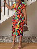 Women's Fashion Style Fashion Temperament V-Neck Slim Print Dress-Outfit