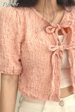 Blusas De Mujer Sweet Blouse for Women Bandage V-neck Puff Sleeve Folds Shirts Crop Tops Summer Fashion Chic Blouses
