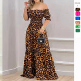 Women's Spring And Summer New Word Shoulder Print Folds Skirt Short Sleeve