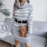 Autumn Knitted Striped Turtleneck Women Sweater Dress Black Long Sleeve Basic Dress Women Winter Fashion Casual