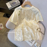 Chinese Style Printed Round Collar Loose T-Shirt 2024 New Fashionable Style Short Summer High-End T-Shirt Girl-Outfit