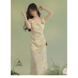 Spring Popular French White Wave Dot Three-Dimensional Flower Dress Pinch Folded Waist Thin Temperament Long