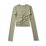 Fashion Women's Fashion Spring New Sexy Spice Girl Slim And Thin T-Shirt With V-Collar Pleated Long Sleeves-Outfit