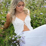 Women Y2K Fairy Low-Cut Sling Floral/Dot Lace-Trimmed Tie-Up Cardigan Short Tops Spaghetti Strap Sleeveless Cami Tops-Outfit
