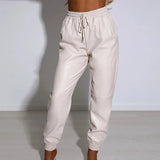 Women PU Leather Autumn Fashion Elegant Office Casual Loose Harem Leather Pants Elastic High Waist Female Long Trousers-Outfit