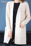 New Solid Knit Cardigan Long Sleeve Sweater Women Open Stitch Casual Pocket 2023 Loose Medium-long Cardigans Mujer