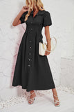 Women's Summer Casual Short-Sleeved Buckle Waist Solid Cotton Ultra-Long Shirt