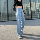 Toloer Hole High Waist Wide Leg Jeans For Girls Fall Students Straight Tube Loose Show Thin Design Sense Pants High Street Ins Tide-Outfit