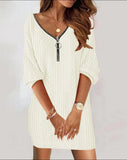 Wise Hot Style Autumn And Winter Simple Pure Color V-Neck Knit Long Sleeve Dress Women's Clothing-Outfit