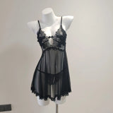 Sexy Pajamas Women Pure Desire Mesh Yarn Perspective Lace Slings T-Pants Set Short Slim V-Neck
