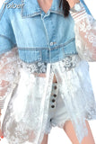New Summer Fashion Stitching Lace Embroidery Large Size Denim Jacket Women's Coat Loose Perspective Tops Denim