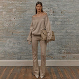 Temperament Famous Woman's Shoulder Solid Color Loose Long-Sleeved Sweater Trousers Set Two Sets Of