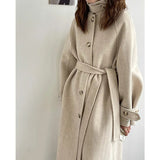 Korean Winter 2021 Handmade Single Breasted Double Faced Lacing Belt Long 100% Wool Coat Women Loose Woolen Oversized