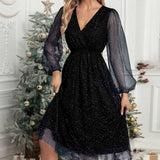 Toloer New V-Collar Elegant Slim Solid Color Stitching Mesh Perspective Sprinkling Powder Dress Female-Outfit