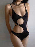 O Ring Cutout Black Cami Bodysuit-Outfit